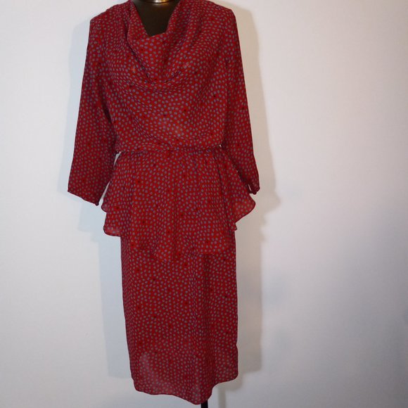 cowl-neck, peplum, floral print crepe, knee-length dress, vintage late 1970s-80s - Picture 1 of 15